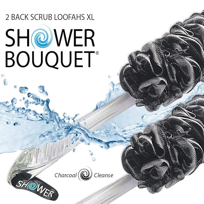 SHOWER BOUQUET Charcoal Back-Loofah-with-Handle | 2-Pack Loofa Stick Lufa