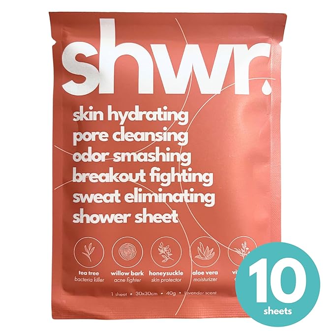 Shwr, Shower Sheet Body Wipes, Individually Wrapped, Extra Large 12"x12", Pack of 10, for Gym Bag or Day Pack