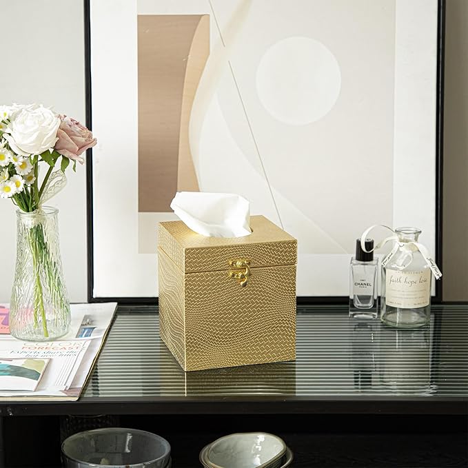 UPPER DECOR Gold Tissue Box Cover, Elegant Square Tissue Box Holder for Bathroom, Bedroom, and Office, Modern Decorative Tissue Box for Home Décor