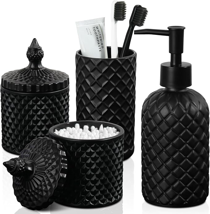 RYTOXILO Green Bathroom Accessories Set, 4 Pack Olive Green Bathroom Decor Accessory Sets Complete, Diamond Glass Soap Dispenser and Toothbrush Holder Set for Bath Counter Organizer Essentials