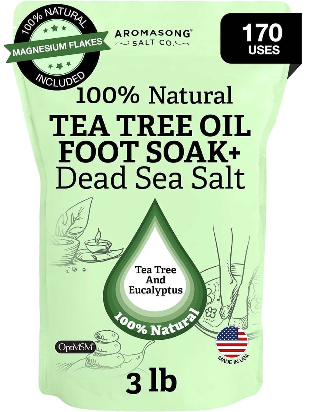 Aromasong Tea Tree Foot Soak with Magnesium Flakes and Dead Sea Salts - Pedicure Foot Soak with Tea Tree Oil for Foot Care, Refreshing Soak for Soft Smooth Feet, Packaging May Vary