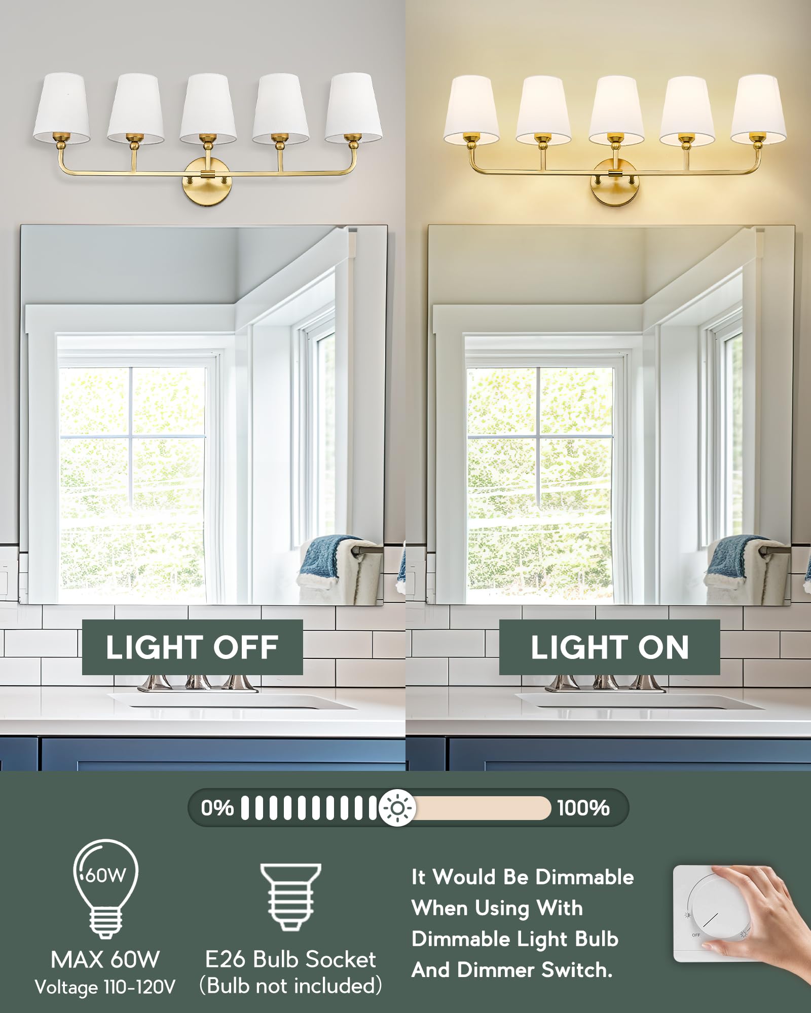 METWET 5-Light Brushed Gold Bathroom Vanity Light, White Fabric Shades