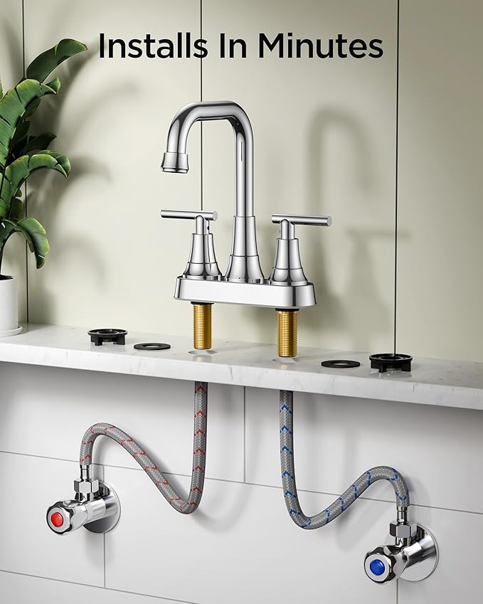 FORIOUS Bathroom Faucets for Sink 3 Hole Chrome, 4 Inch Centerset Bathroom Sink Faucet 2 Handle with Pop-up Drain and Supply Hoses for Vanity RV Laundry Farmhouse