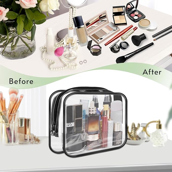 GONITYOU 16 Pieces Clear Makeup Bags Bulk, TSA Approved Toiletry Bags Travel Pouch, Waterproof PVC Plastic Small Clear Cosmetic Bags with Zipper for Organizing (Black Border)