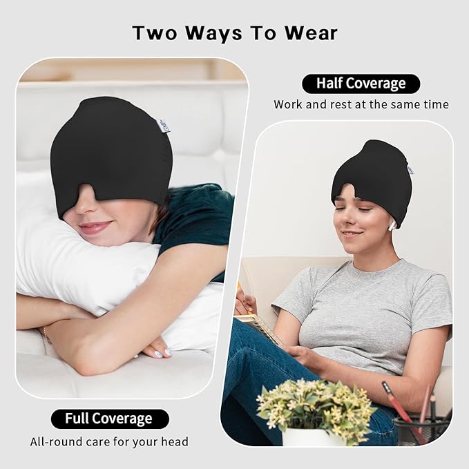 Migraine Relief Cap, Headache Relief Cap 2PCS with Gel Eye Mask, Hot Cold Therapy Ice Cap, Cooing for Head Sinus, Puffy Eyes, Tension and Stress Relief Gift Set for Men Women