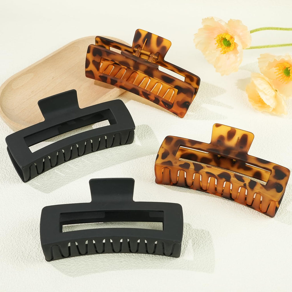 Extra Large Hair Claw Clips for Women, 5 Inch Hair Clips for Thick and Long Hair, 90's Non-slip Square Jaw Clips for Curly Hair, Strong Hold Bright Hair Clamps (Black, Tortoise)