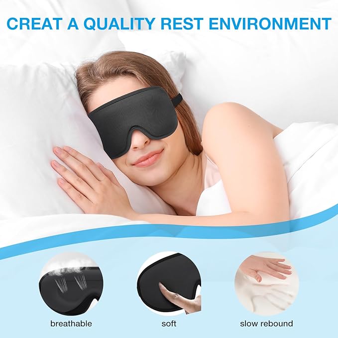LYSIAN 3D Sleep Mask for Side Sleepers, Blackout Eye Mask with No Pressure on Eyes, Adjustable Comfortable Blindfold with 5 Pairs of Ear Plugs for Sleeping, Travel, Nap, Black
