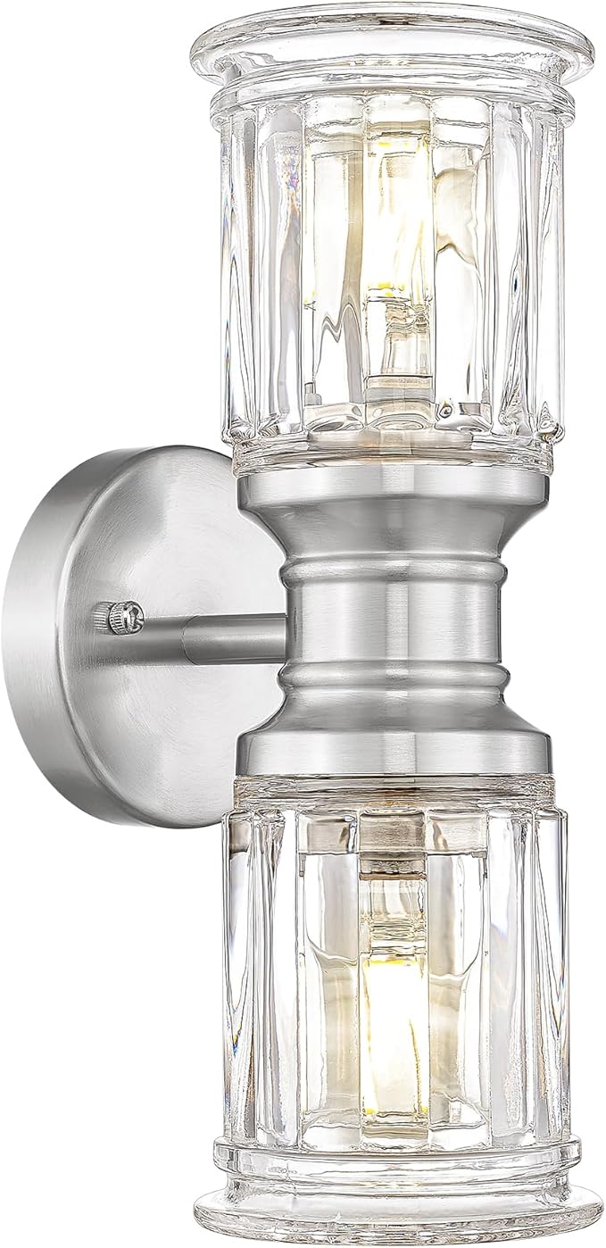 Bathroom Wall Sconces, HWH Brushed Nickel Wall Lighting for Bedroom, 2-Light Bathroom Light Fixtures with Bell-Shaped Clear Glass, Brushed Nickel Finish, 5HZG106B-2W BN