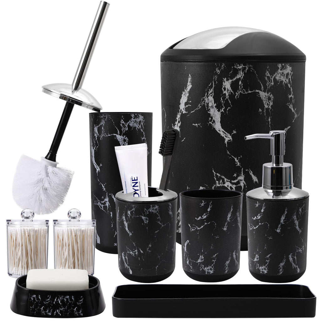 XLHOMO Black Marble Bathroom Accessories Set, Black Bathroom Set with Trash Can, Vanity Tray, Soap Dispenser, Soap Dish, Toothbrush Holder, Toothbrush Cup, Toilet Brush and Qtip Holders for Bathroom