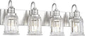 Brushed Nickel Bathroom Light, HWH 4-Light Vanity Lights for Bathroom Vanity Sconce Over Mirror, Wall Mounted Light Fixtures with Bell-Shaped Striped Glass, 5HZG106B-4W BN