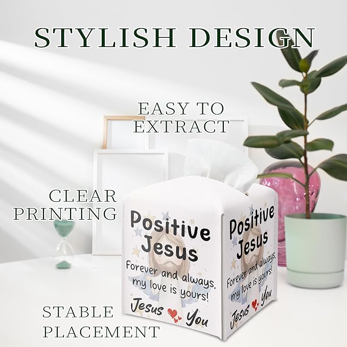 Positive Jesus Tissue Box Cover Square, Catholic Religious Waterproof Leather Tissue Box Holder, Jesus Paper Facial Tissue Box Covers Cube for Office Bathroom Home Prayer Room and Car Decor