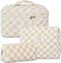 GISMTR 3Pcs Makeup Bag Cotton Quilted Travel Cosmetic Bag Cute Floral Makeup Pouch Large Toiletry Bag for Women Girls