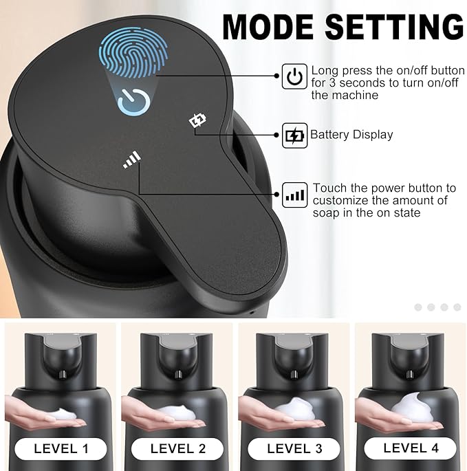 Automatic Soap Dispenser, Rechargeable & Touchless with 4 Adjustable Levels, 15oz/420ml, Waterproof, Wall Mountable for Kitchen, Bathroom, Hotel (Foam, Black)