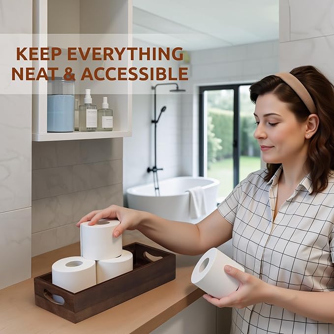 DEMIGO Toilet Tank Topper & Vanity Tray, Acacia Wood Decor Set, Dark Brown