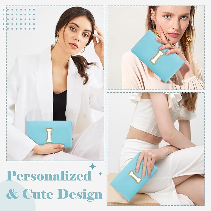 Small Personalized Initial A-Z Preppy Patch Makeup Bag,PU Chenille Letter Travel Cosmetic Pouch with Zipper,Blue Cute Toiletry Bag,Gift Ideal for Teen Girls Women Teacher Bridesmaid,Letter I