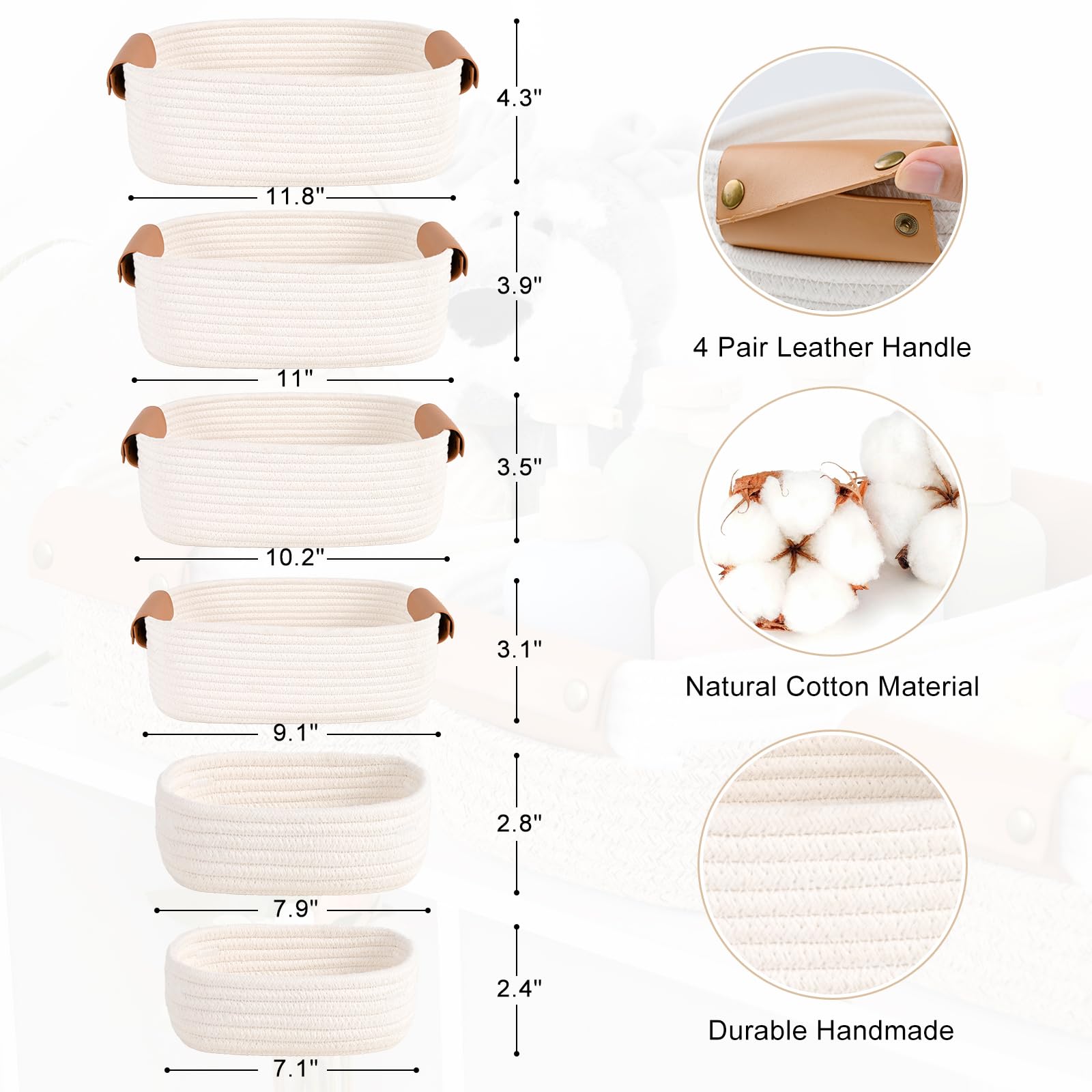 Storage Baskets for Organizing, Small Woven Basket Set of 6-4 Shelf Basket with Leather Handle and 2 Small Gift Baskets, Cotton Rope Basket for Shelves, Nursery, Dog Toy, Bathroom