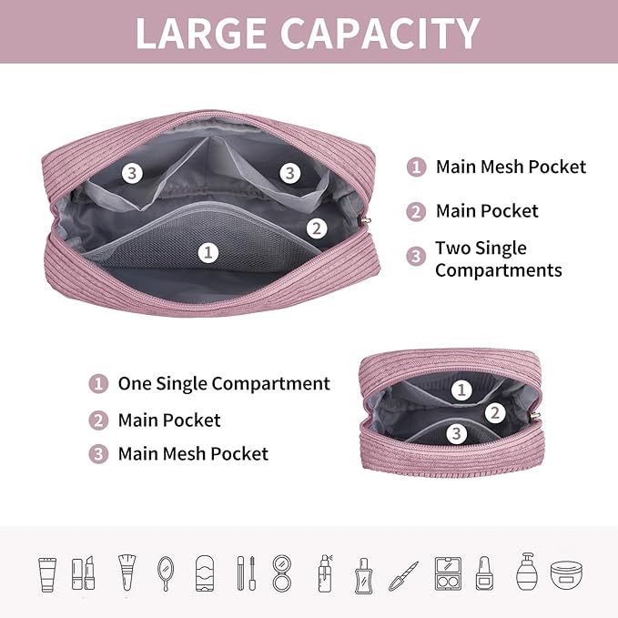 MAGEFY Makeup Bag for Purse, 2 Pcs Corduroy Cosmetic Bag for Women Small Travel Makeup Pouch with Zipper(Pink)