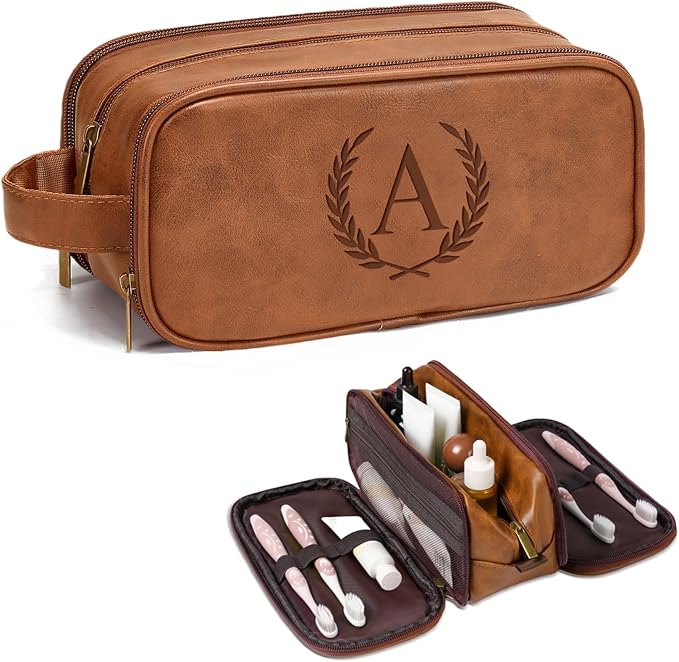 Janhavi Toiletry Bag For Men Waterproof, Groomsmen Gifts Personalized Leather Engraved Initials & Wheat, Mens Toiletry Travel Bag, Birthday Gifts For Men (Medium, Yellow Brown, A)