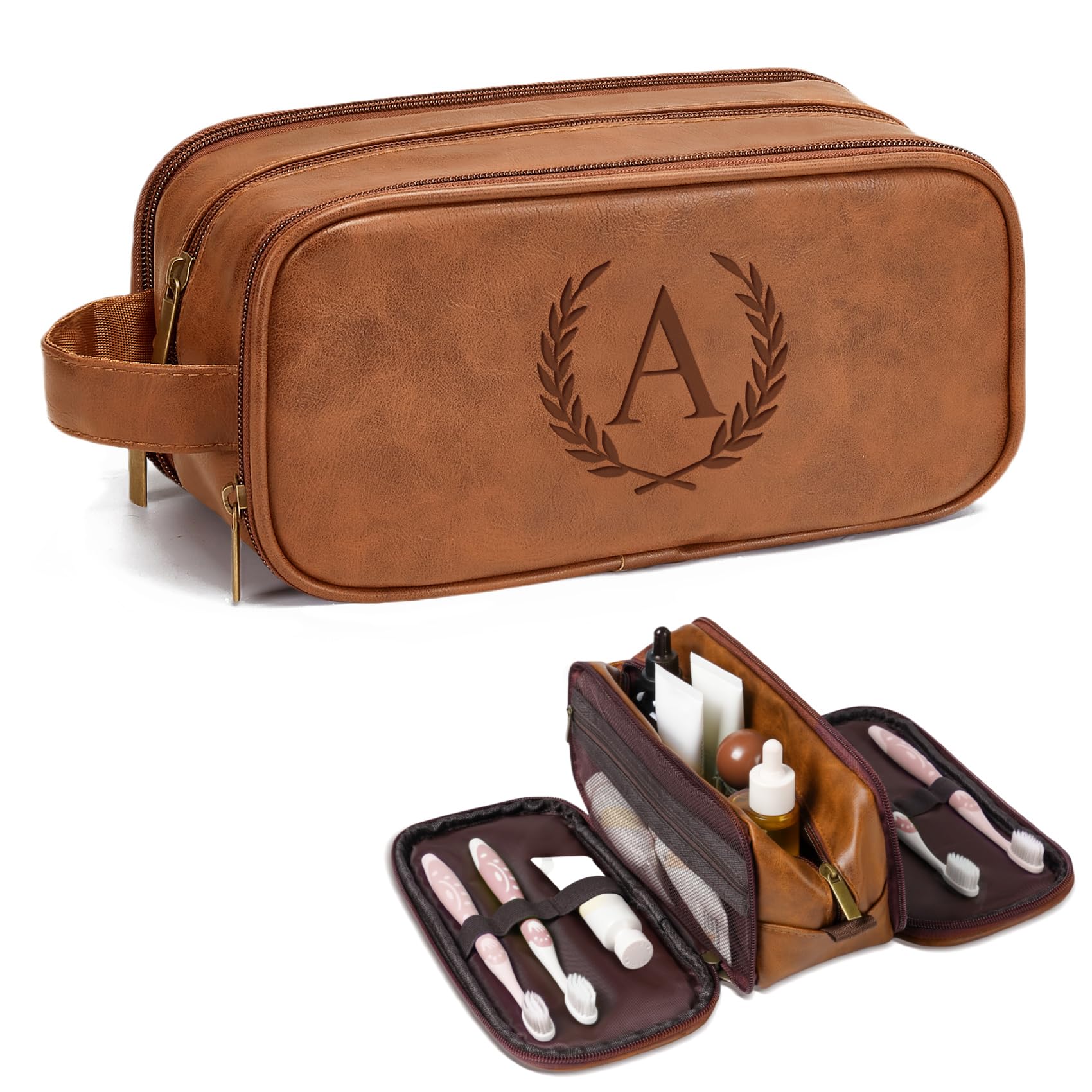 Travel Toiletry Bag For Mens PU Leather Engraved Initials (Yellow Brown A)