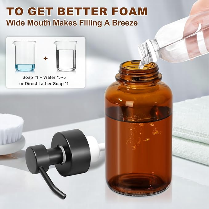 RACOBOT Amber Foam Soap Dispenser, 14.1 oz/400ml Foaming Hand Soap Dispenser, 2 Pack Glass Foaming Dispenser for Bathroom & Kitchen, Refillable Liquid Dispenser Bottle with Waterproof Labels