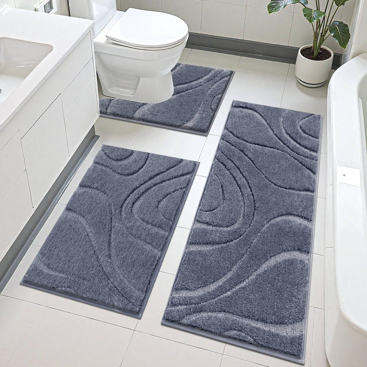 HEBE Bathroom Rugs Sets 5 Piece, Non Slip Washable Absorbent Bath Mat Set
