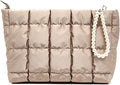 Beayuva Puffer Quilted Makeup Bag Travel Cosmetic Bag Portable Puffy Checkered Toiletry Pouch Skincare Organizer Purse Pencil Case (Champagne Gold)