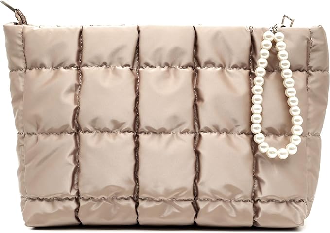 Beayuva Puffer Quilted Makeup Bag Travel Cosmetic Bag Portable Puffy Checkered Toiletry Pouch Skincare Organizer Purse Pencil Case (Champagne Gold)