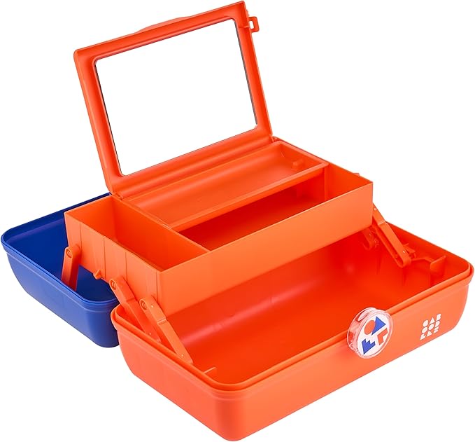 Caboodles School Spirit On-The-Go Girl Makeup Box, Blue Over Orange, Hard Plastic Makeup Organizer Box, Built-In Mirror, Secure Latch for Safe Travel, Spacious Storage for Large Items