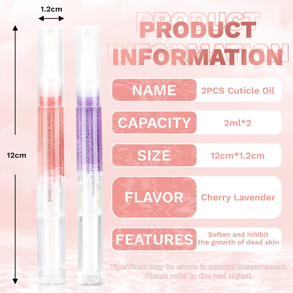 Meschett 2PCS Cuticle Oil Pens for Nail Care, Moisturizing Nail Oil Pen with Soft Brush, Hydrating Cuticle Oil for Dry Nails & Cuticles (Cherry & Lavender Flavor)