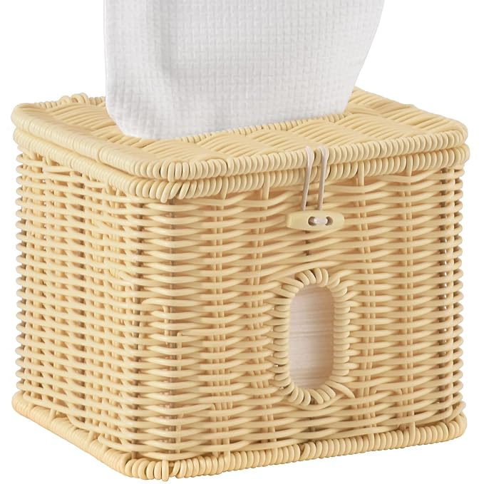 Facial Clean Skin Club Face Towels Holder for Bathroom, Plastic Rattan Disposable Face Towel Holder, Farmhouse Style for XL Face Towels Box Basket with Lid, Beige Color
