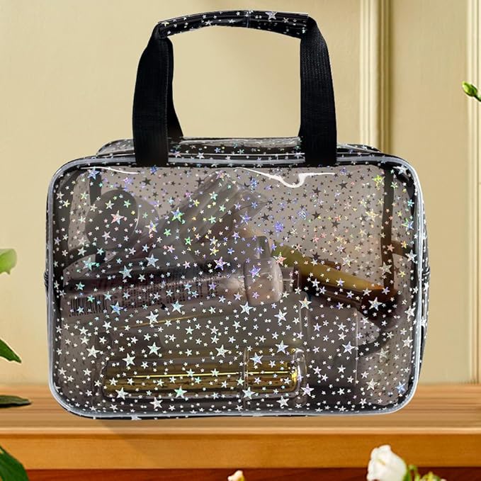 TotePrint Black Holographic Star Cosmetic Bag for Women 11.8x5.1x8.2 Inches Portable Travel Toiletry Bag with Handles,Durable PVC Material,Zipper Design-Ideal Large Clear Makeup Organizer