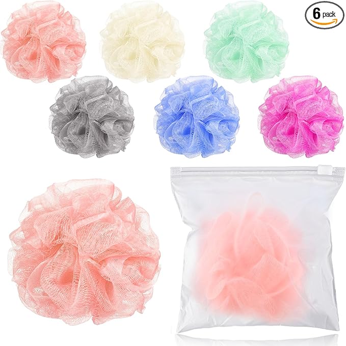 Funnymoom 6 Pcs Travel Size Loofah Individually Wrapped, Small Shower Puff Bath Sponge Pouf Ball Bulk Mesh Bath Puff Mini Loofah Sponge with Case Bulk for Shower Care (25g,Pastel)