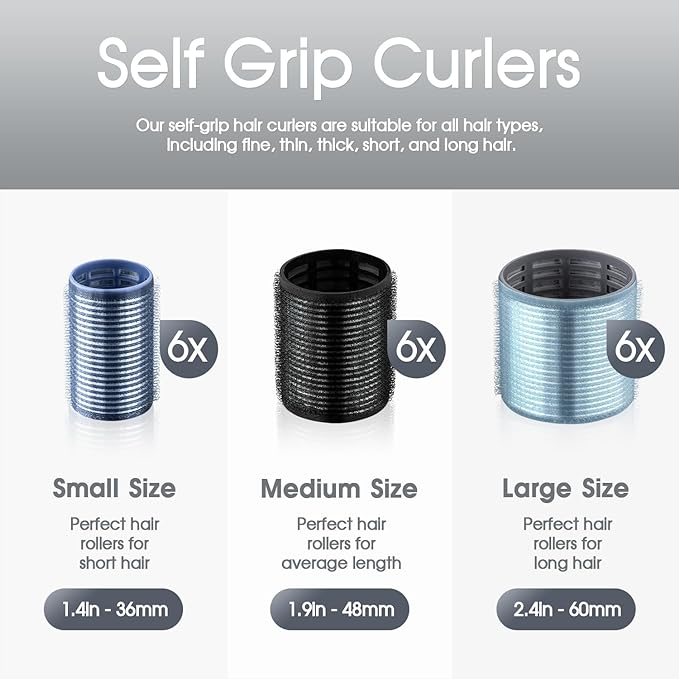 Self-Grip Ceramic Ionic Thermal Hair Rollers Set - 18 Velcro Rollers for Long and Short Hair, Blowout Look, Salon Quality