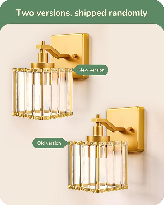EDISHINE Modern Gold Crystal Wall Sconces Set of 2, Bathroom Vanity Lights