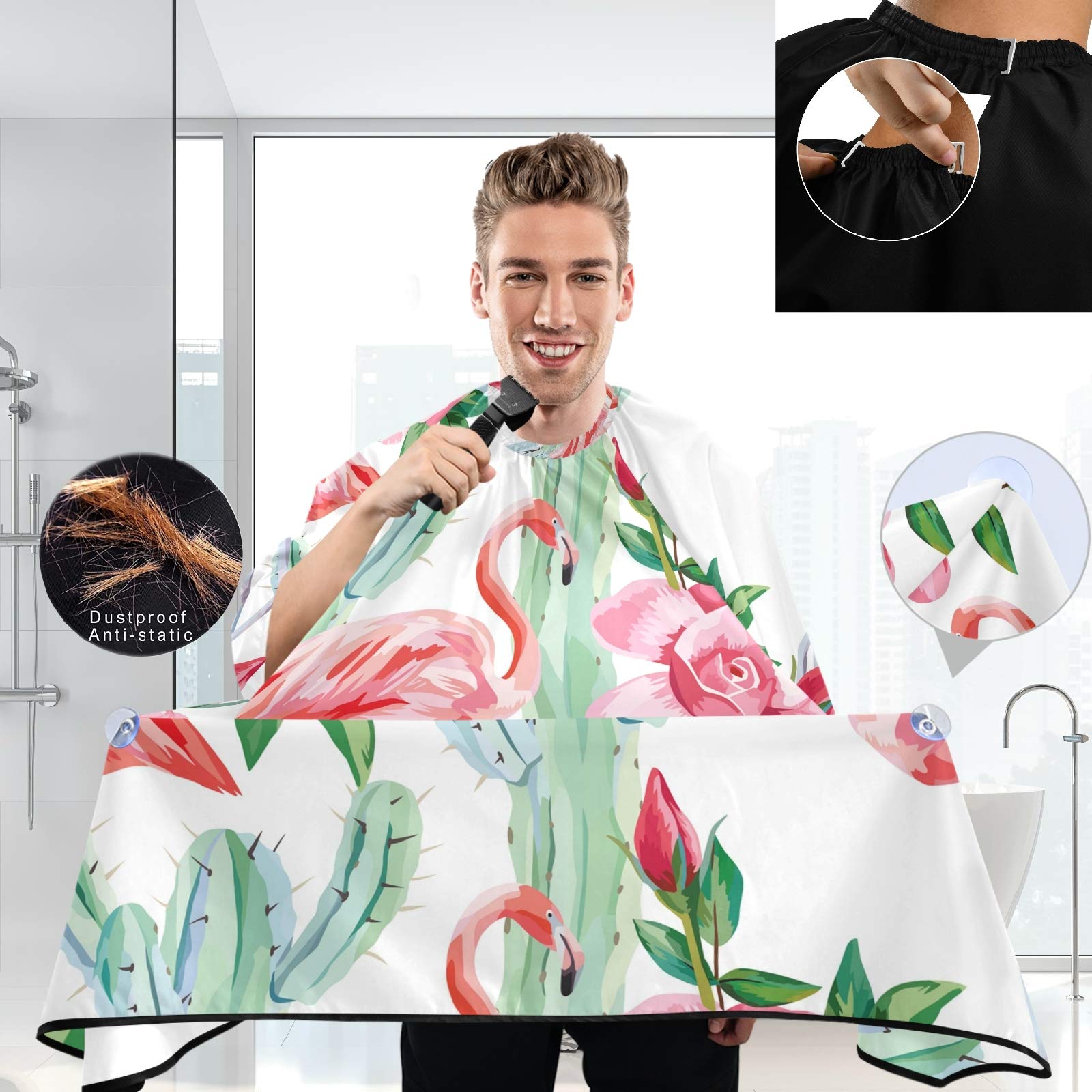 visesunny Barber Cape Flamingo Cactus Polyester Hair Cutting Salon Cape Apron Anti-Static Haircut Water-Resistant Shaving Cloth Beard Shaving Bib Hairdressing Cape