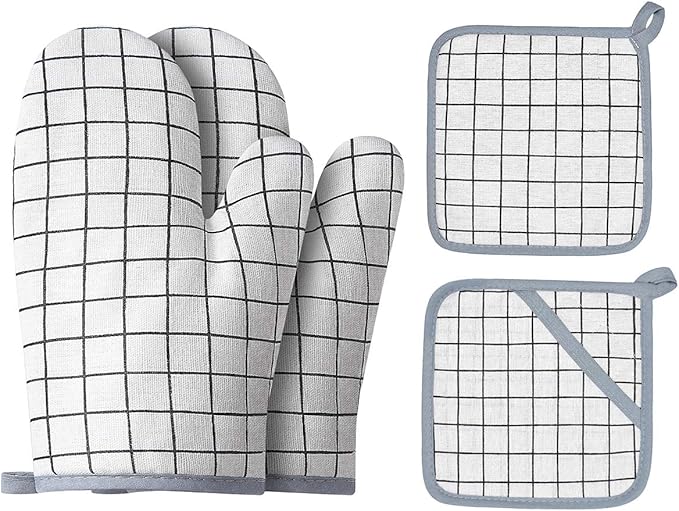 Win Change Oven Mitts and Potholders BBQ Gloves-Oven Mitts and Pot Holders with Recycled Infill Silicone Non-Slip Cooking Gloves for Cooking Baking Grilling (4-Piece Set) (White)