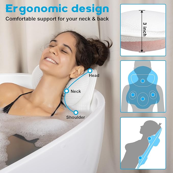 JUSDOO Bath Pillows for Tub Neck and Back Support - Upgraded Non-Slip Rubber Backing & 6 Suction Cups, 4D Air Mesh Spa Bathtub Cushion for Head Rest, Machine Washable with Laundry Bag & Hook(White)