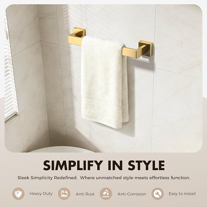 Bathroom Accessory Towel Bar Set: 5 Pieces Gold Bathroom Hardware Square SUS304 Stainless Steel - Wall Mounted Towel Rack&Toilet Paper Holder&Towel Ring and Towel Hook