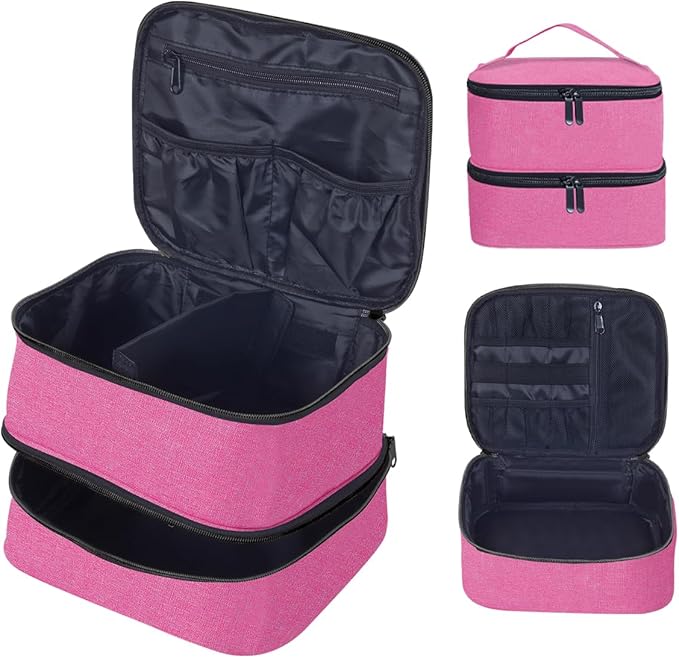 TANPADUAJI Double Layer Makeup Bag Portable Large Cosmetic Case Organizer with Adjustable Dividers Storage Travel Bag for Accessories Brushes Conditioner and Skin Care Products (Pink)