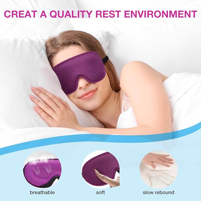LYSIAN 3D Sleep Mask for Side Sleepers, Blackout Eye Mask with No Pressure on Eyes, Adjustable Comfortable Blindfold with 5 Pairs of Ear Plugs for Sleeping, Travel, Nap, Purple