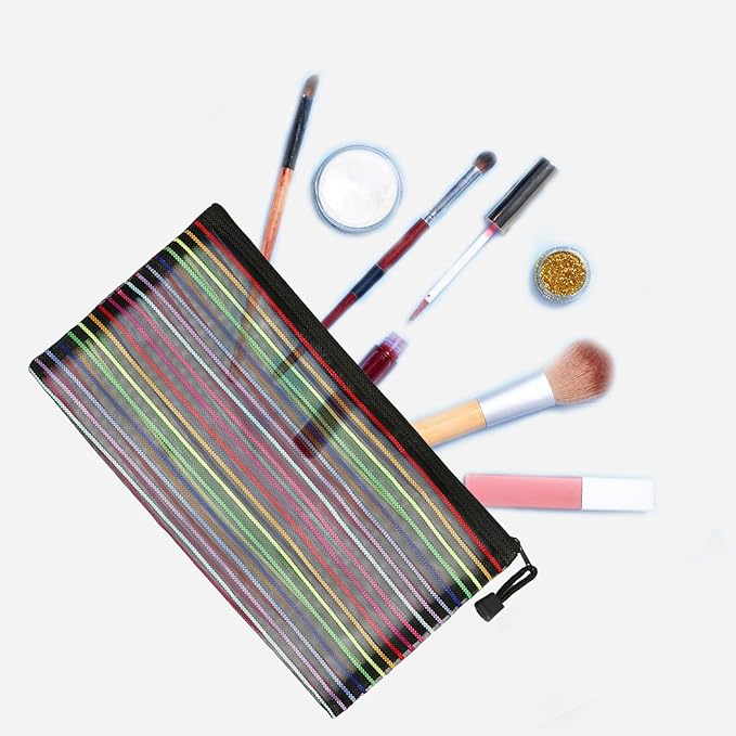 CarryEpic Mesh Bags with Zipper (6 Pack), Nylon Makeup Bag Cosmetic Pouches Travel Organizer Case for Purse Diaper Bag Home Organizing Striped Multi Size Black