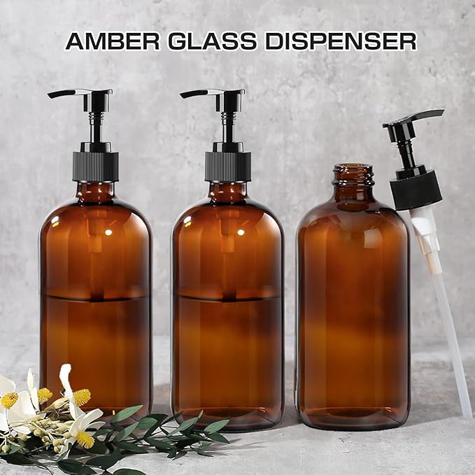 BPFY 4 Pack 8 oz Amber Glass Pump Bottles, Boston Round Bottles with Pumps for Lotion, Soap, Massage Oils, Refillable Containers with Caps