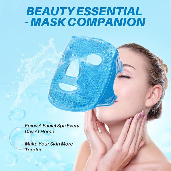 Face ICE Mask for Puffy Eyes & Dark Circles - Gel Bead Hot & Cold Compress Pack for Face, Eye Relief, Headaches, Skin Care & Post-Laser Care, Reusable & Washable (Blue)