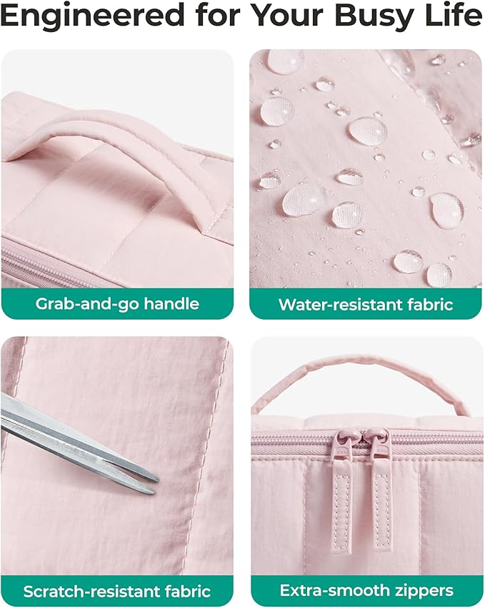 BAGSMART Travel Makeup Bag for Women, Portable Water-resistant Cosmetic Case, Puffy Padded Make Up Organizer Pouch, Open Flat Toiletry Bag for Toiletries, Brushes, Purple