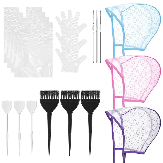 19Pcs Hair Bleach Highlighting Kit with Hair Dye Brush and Bowl Whisk, Highlighting Caps with Hooks, Highlight Hair Coloring Frosting Dye Kit for Salon Hair Dyeing Hairdressing