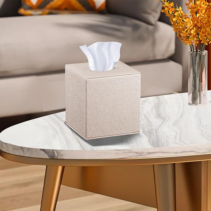 Leather Square Tissue Box Cover,Cut Tissues Cube Box Holder,Modern Facial Paper Organizer Storgage,Box Tissue Dispenser Decor Accessories for Bathroom NightStand Coffee Table Desk Home Office,Beige