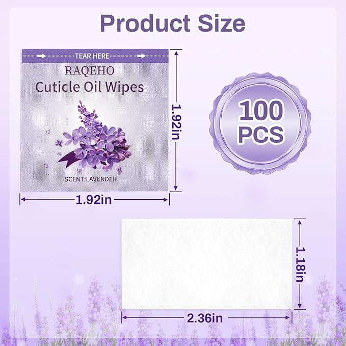 RAQEHO 100pcs Cuticle Oil for Nails - Lavender Nails Oil Wipes Travel Size Cuticle Oil Aceite Para Cuticula for Weak, Dry, Damaged Nail, Hand Care Products, Technician Essentials, Sensitive Skin