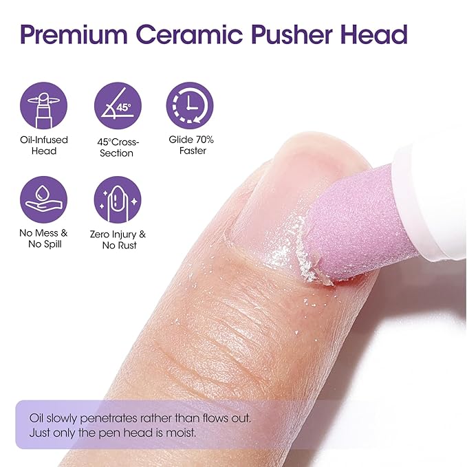 Gellen 4-in-1 Cuticle Pusher Pen with Micro-Dosing Oil, Cuticle Remover & Cuticle Oil Pen for Softening & Hydrating Nails, Ceramic Nail Pusher Tool for Exfoliation, Home Salon Manicure Cuticle Pen