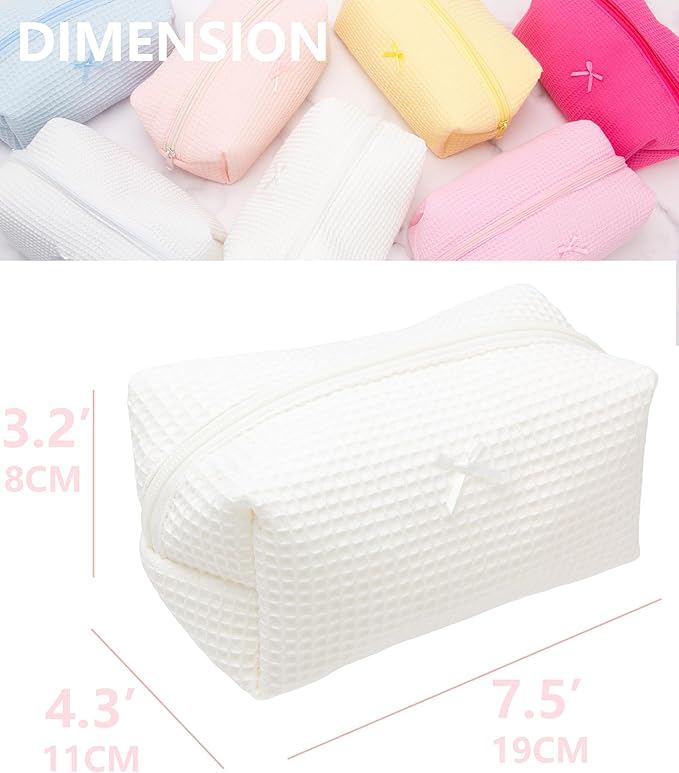 Cozy Makeup Bag for Women,Zipper Cosmetic Pouch,Waffle Cream White,2 Pack