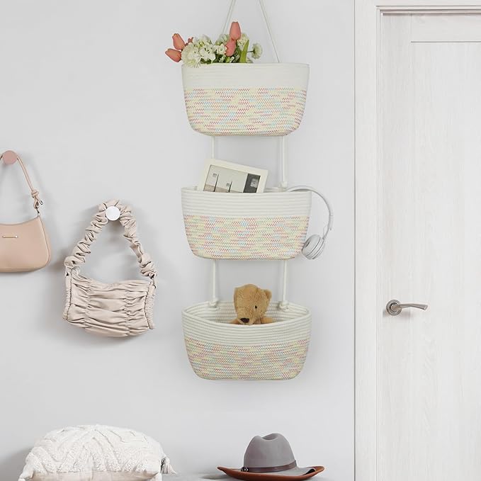 TeoKJ 3-Tier Woven Cotton Wall-Mounted Hanging Storage Baskets, Over the Door Organizer Bin for Kids Room, Bathroom, Bedroom, Kitchen, White & Rainbow Stitching